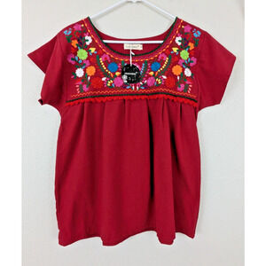 New YZXDORWJ sz S Embroidered Mexican theme Blouse red ss top 0374